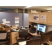 Blue Fabric Panel Office Cubicle Dividers, Dark Wood Trim